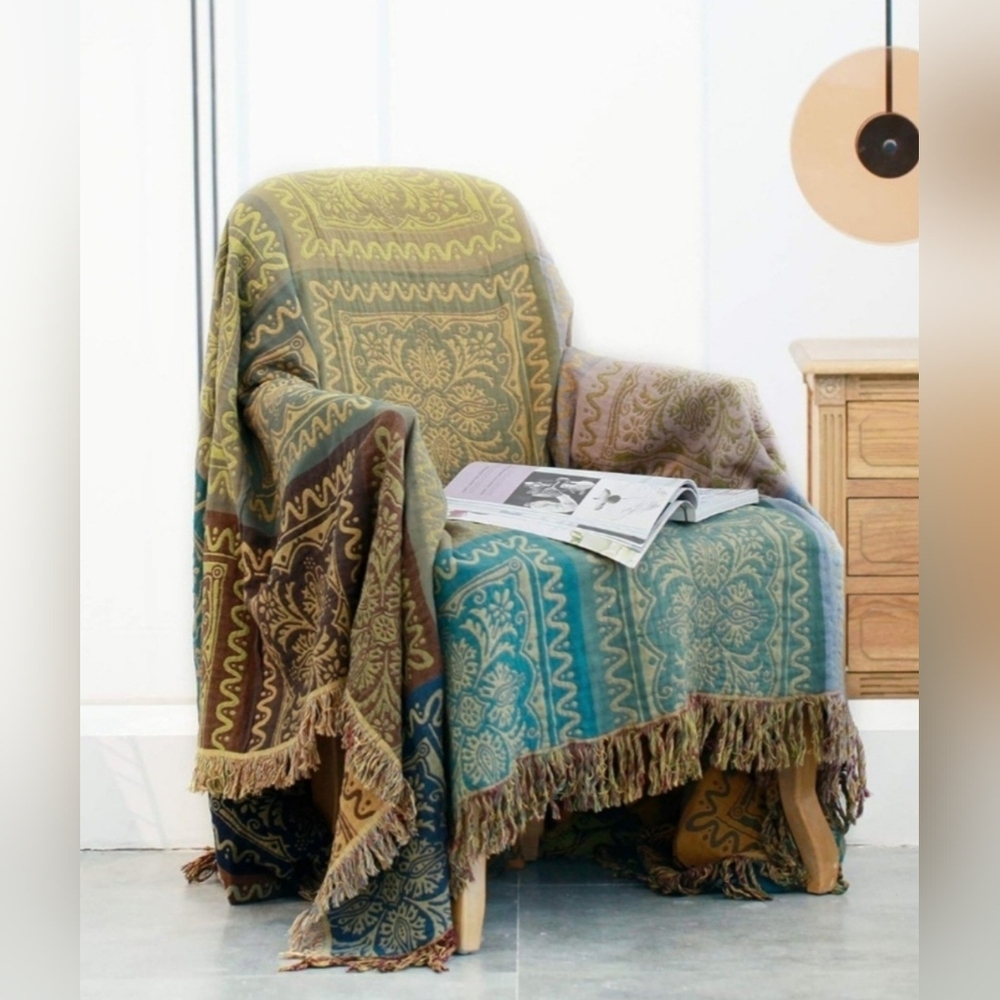 Heather Touch 100% Cotton Blanket with Tassels size 78x90 in. NEW YELLOW/GREEN